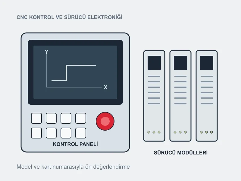 CNC kontrol paneli ve ayrı sürücü modüllerini gösteren endüstriyel elektronik çizimi. Ekran yalnızca temsili eksen simgeleri içeriyor, gerçek makine hata kaydı göstermiyor.