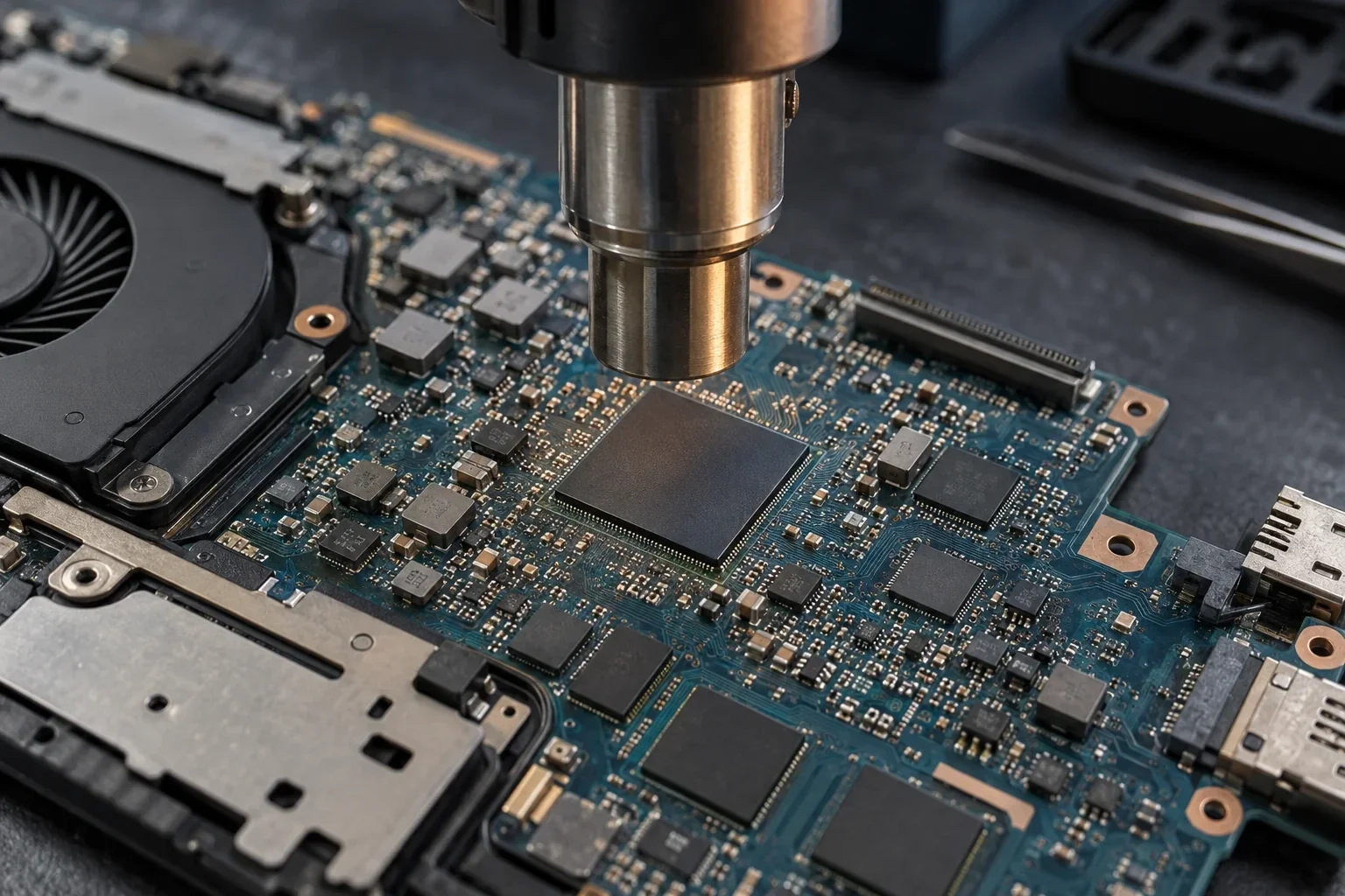 Laptop anakartında çip değişimini temsil eden yakın plan görsel